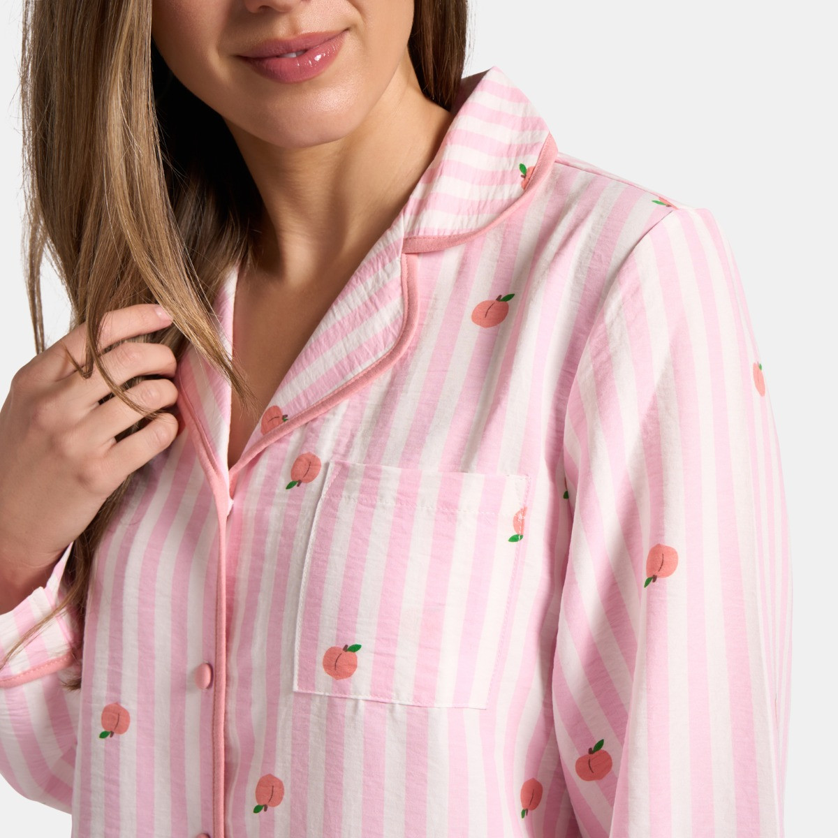 OHS Peach Print Striped Seersucker Pyjama Set, Pink - Small/Medium>