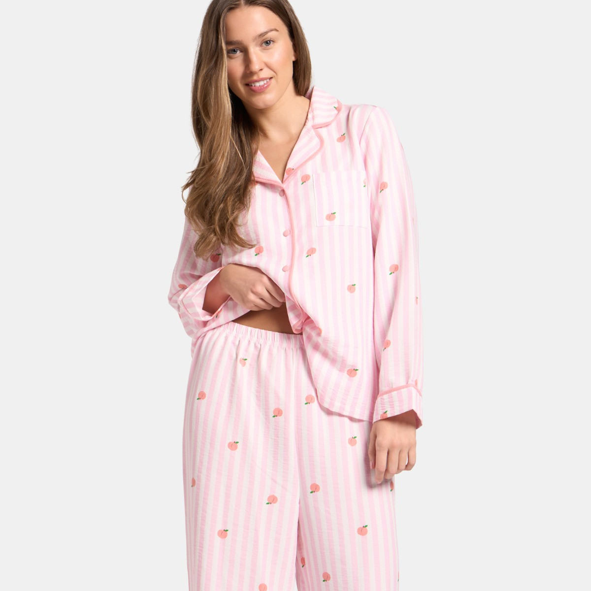 OHS Peach Print Striped Seersucker Pyjama Set, Pink - Small/Medium>