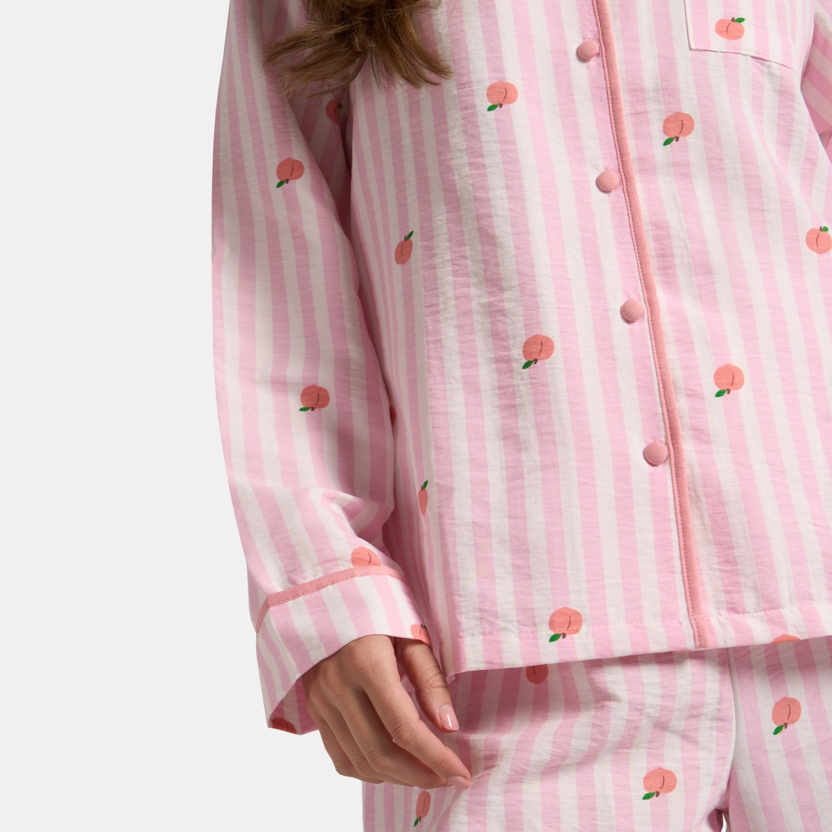 OHS Peach Print Striped Seersucker Pyjama Set, Pink - Small/Medium>
