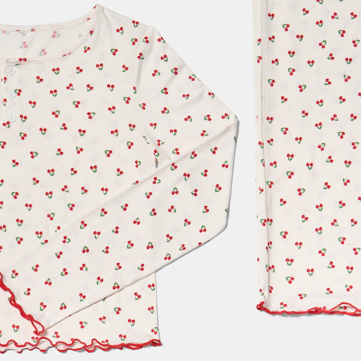 OHS Cherry Print Lettuce Edge Pyjama Set - White>