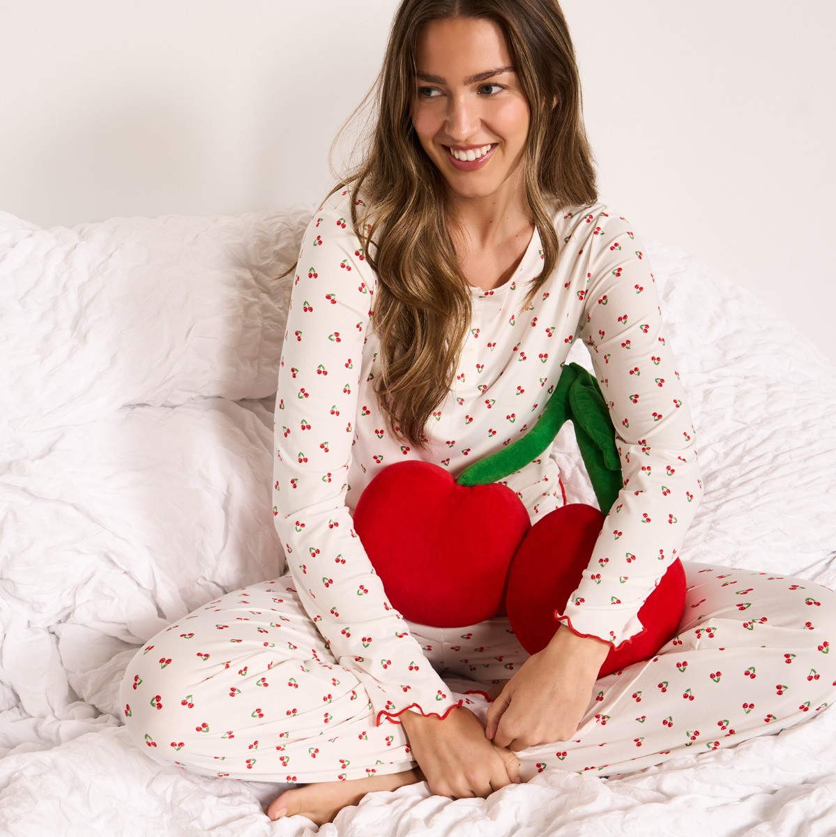 OHS Cherry Print Lettuce Edge Pyjama Set, White - Small/Medium>