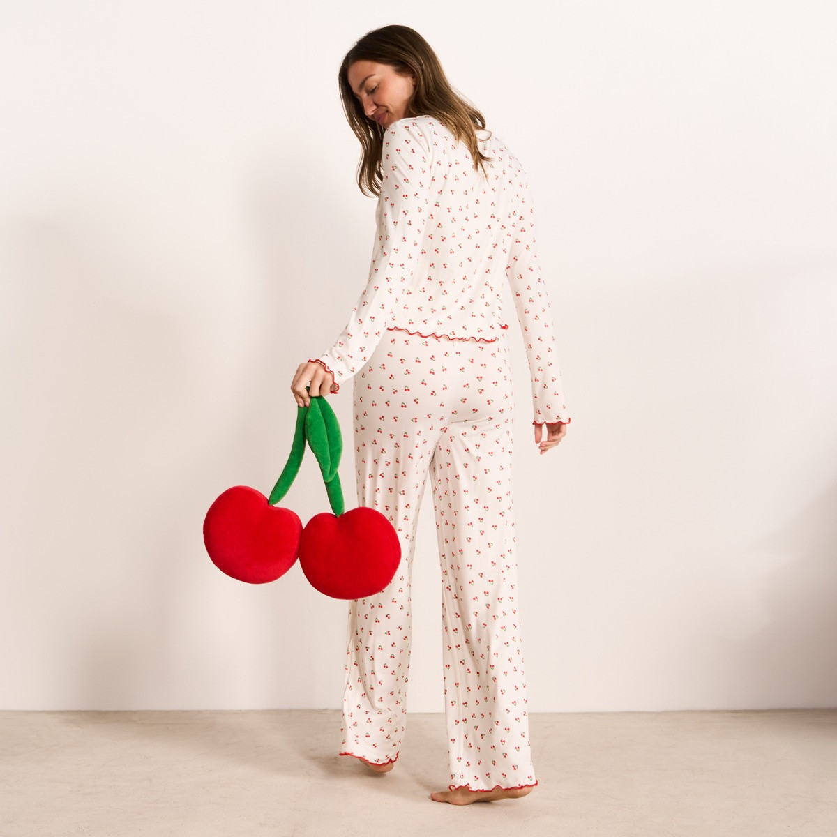 OHS Cherry Print Lettuce Edge Pyjama Set, White - Small/Medium>