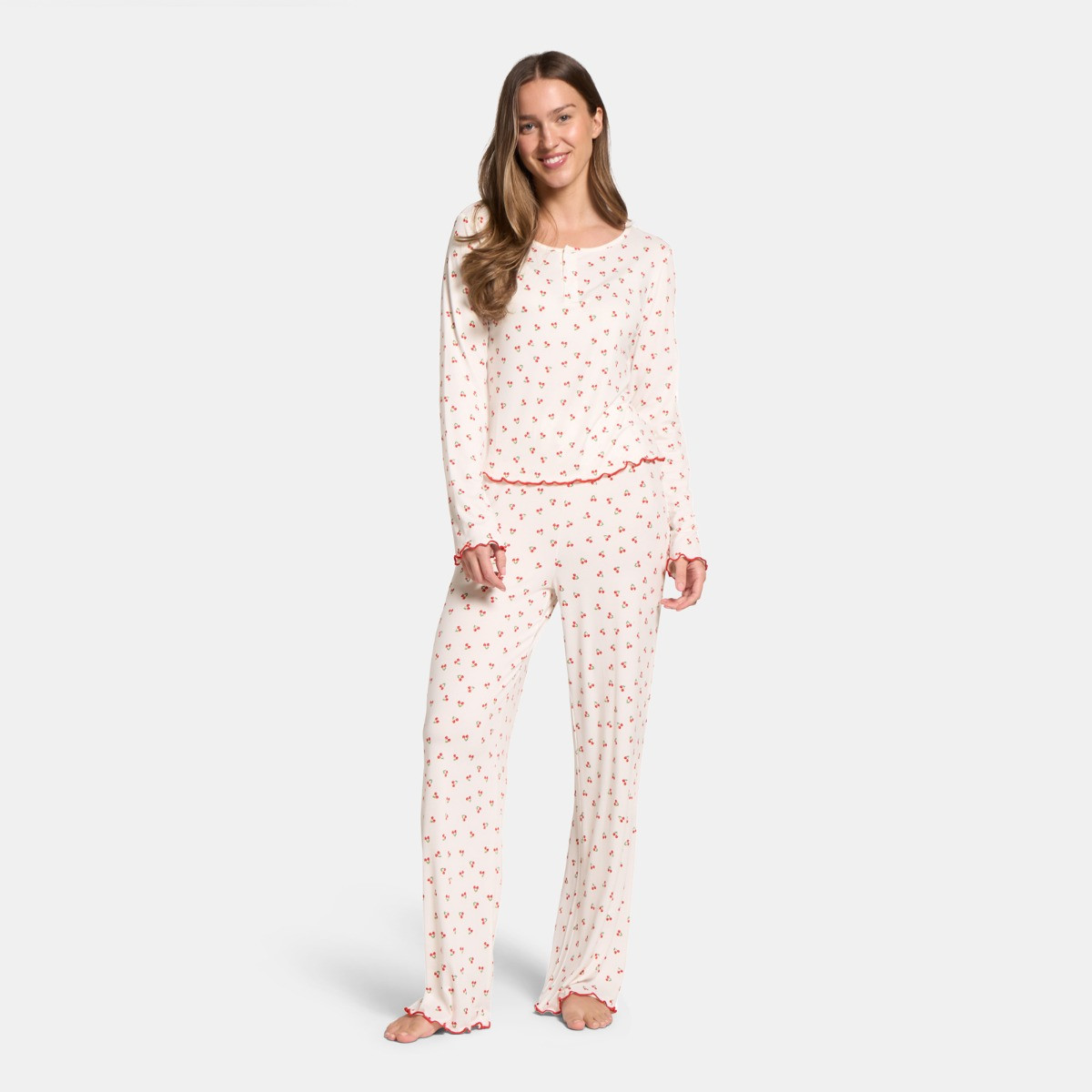 OHS Cherry Print Lettuce Edge Pyjama Set, White - Small/Medium>