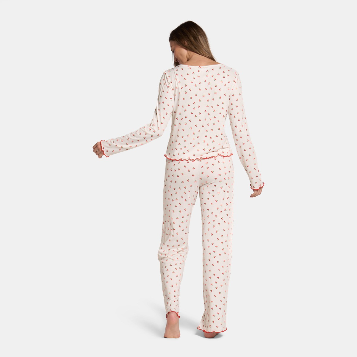 OHS Cherry Print Lettuce Edge Pyjama Set, White - Small/Medium>