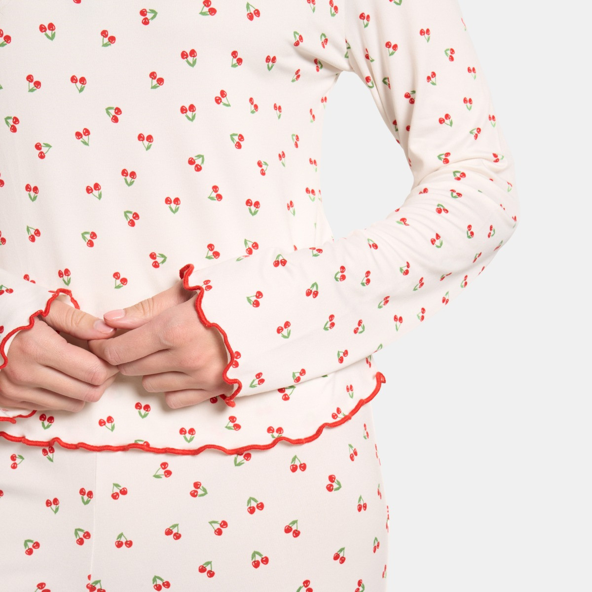 OHS Cherry Print Lettuce Edge Pyjama Set, White - Small/Medium>