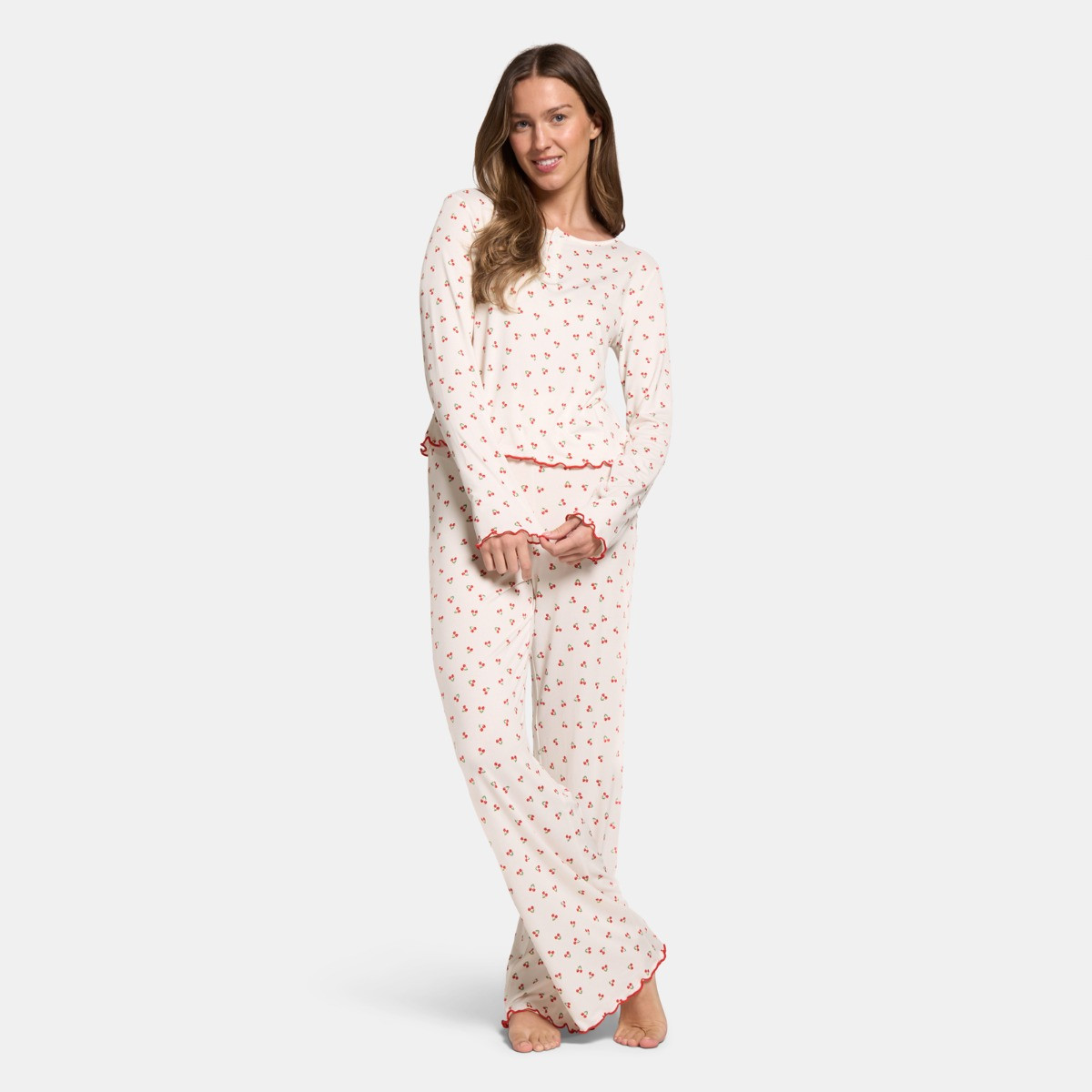 OHS Cherry Print Lettuce Edge Pyjama Set, White - Large/Extra Large>