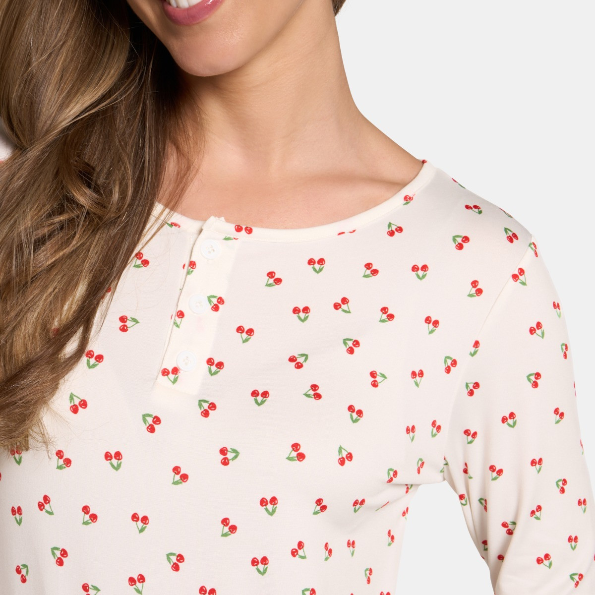 OHS Cherry Print Lettuce Edge Pyjama Set, White - Large/Extra Large>