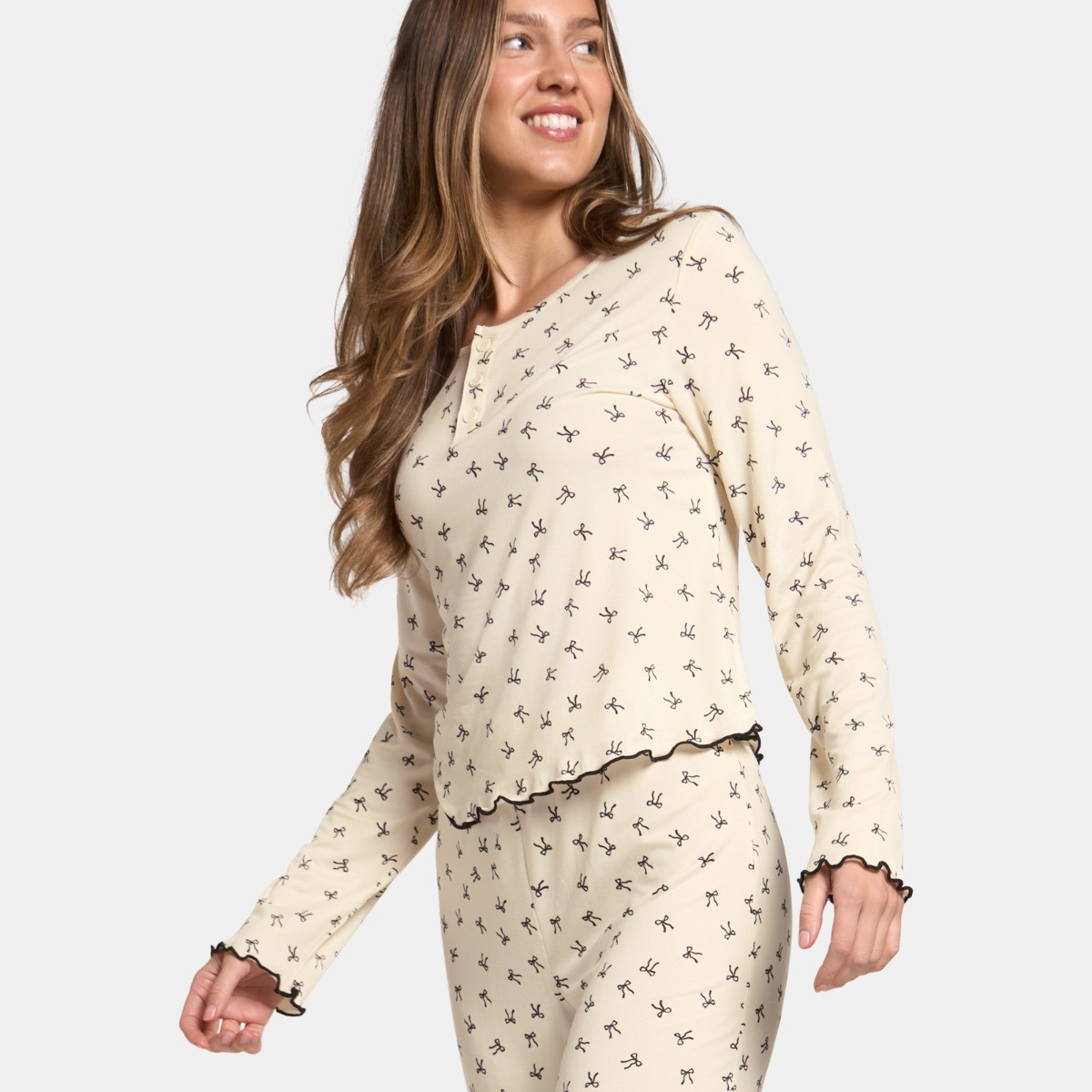 OHS Bow Print Lettuce Edge Pyjama Set - Monochrome>