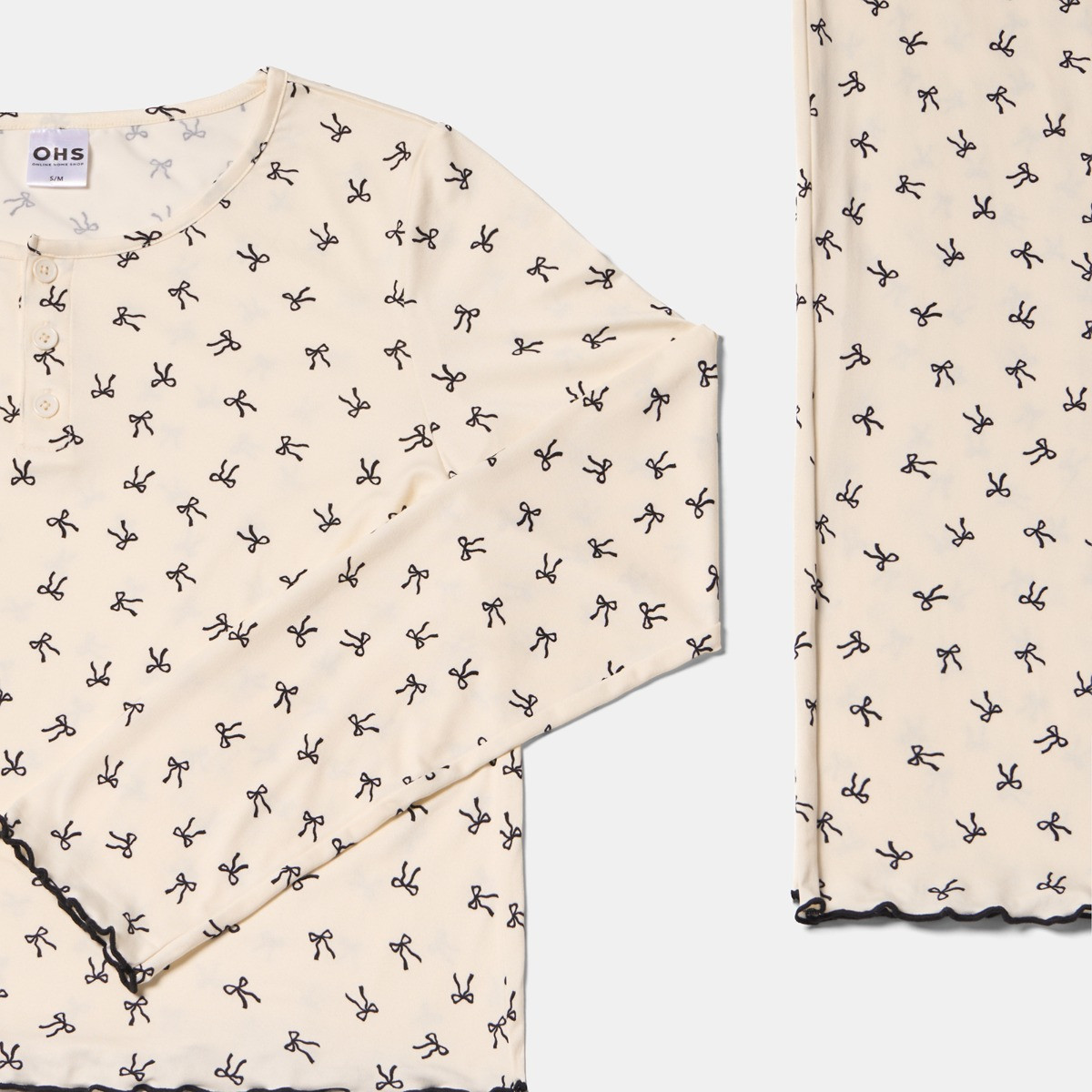 OHS Bow Print Lettuce Edge Pyjama Set - Monochrome>