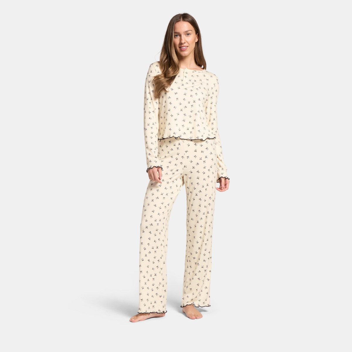 OHS Bow Print Lettuce Edge Pyjama Set, Monochrome - Small/Medium>