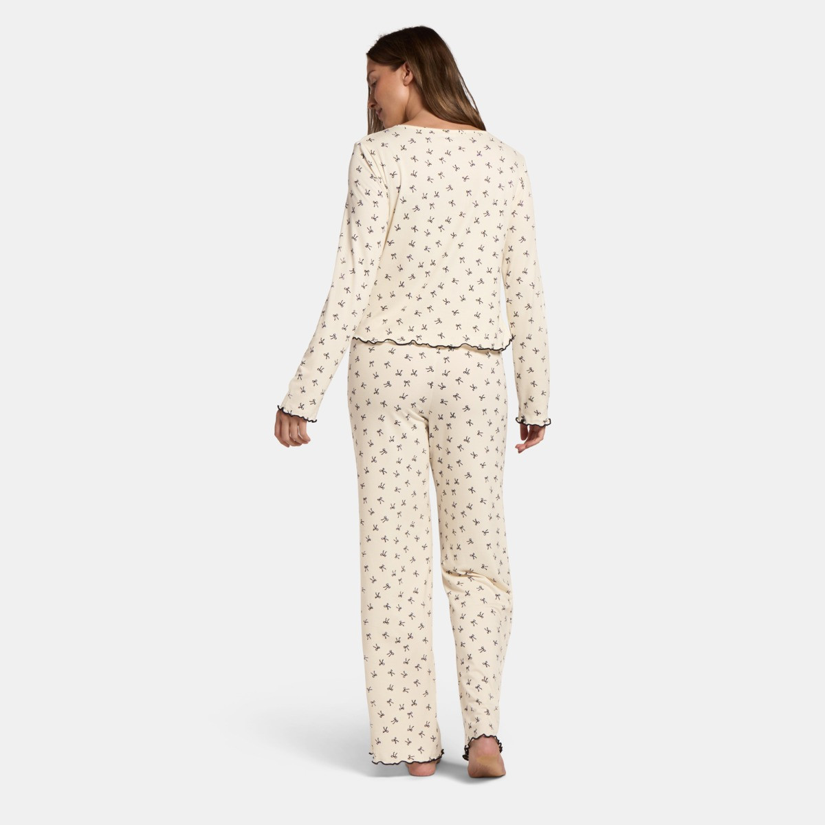OHS Bow Print Lettuce Edge Pyjama Set, Monochrome - Small/Medium>