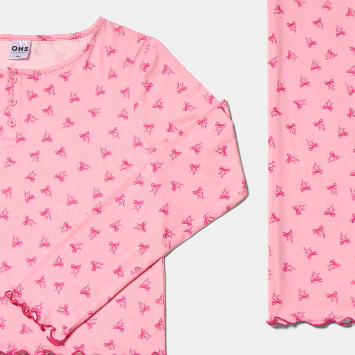 OHS Bow Print Lettuce Edge Pyjama Set, Pink - Large/Extra Large>