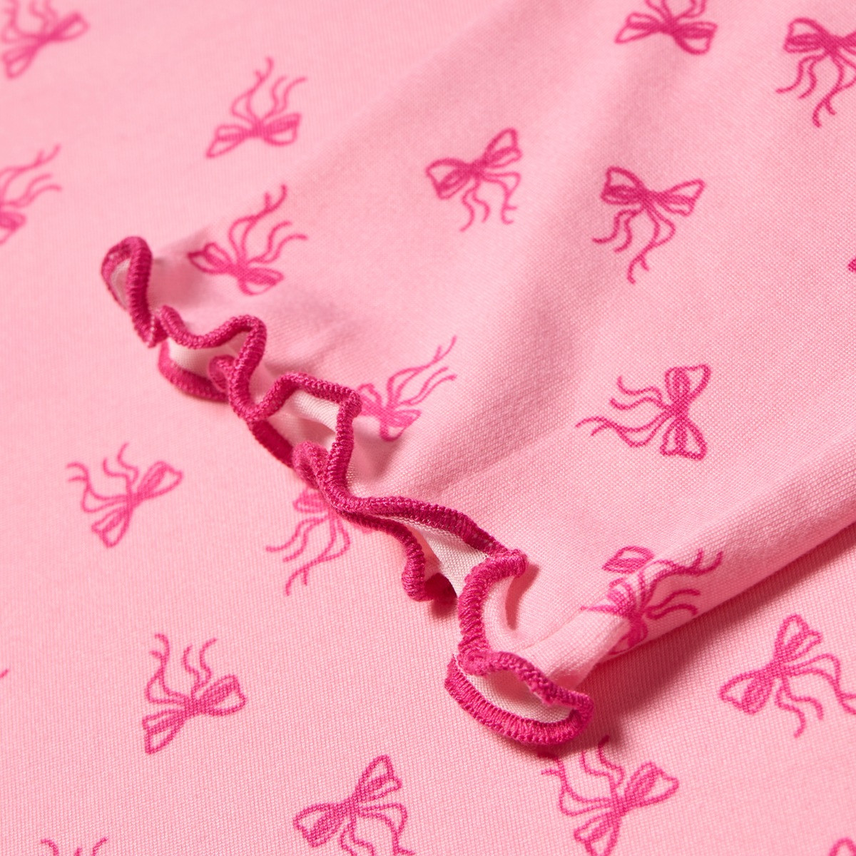 OHS Bow Print Lettuce Edge Pyjama Set, Pink - Large/Extra Large>