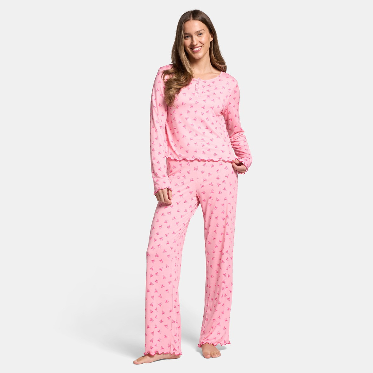 OHS Bow Print Lettuce Edge Pyjama Set, Pink - Large/Extra Large>