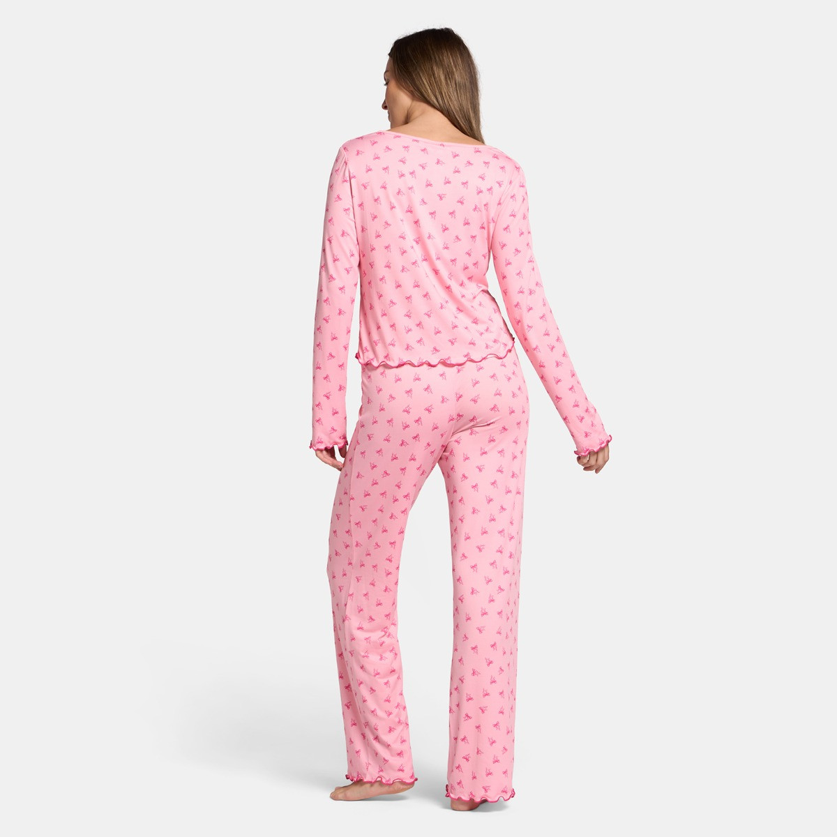 OHS Bow Print Lettuce Edge Pyjama Set, Pink - Small/Medium>