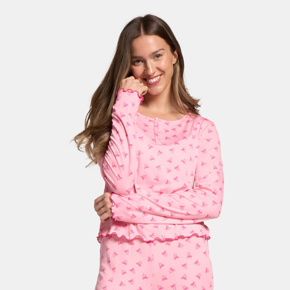 OHS Bow Print Lettuce Edge Pyjama Set, Pink - Large/Extra Large>