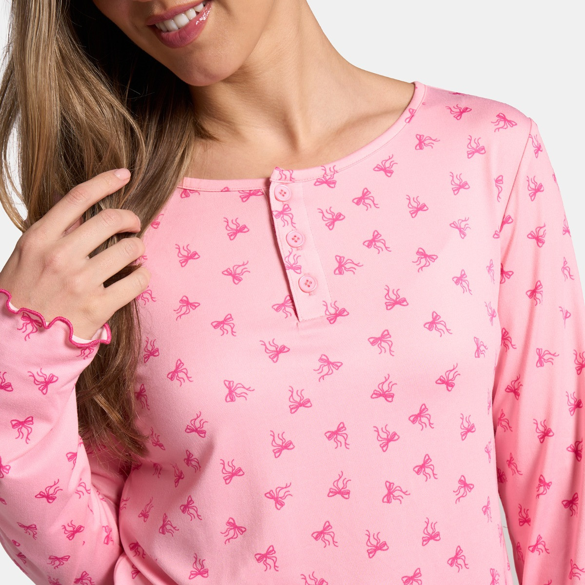 OHS Bow Print Lettuce Edge Pyjama Set, Pink - Small/Medium>