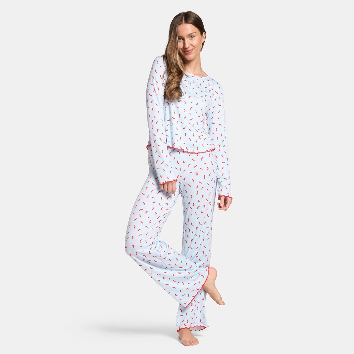 OHS Chilli Print Lettuce Edge Pyjama Set, Baby Blue - Large/Extra Large>