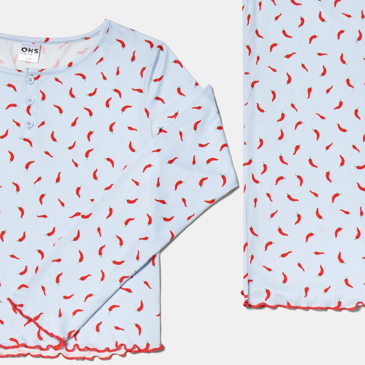 OHS Chilli Print Lettuce Edge Pyjama Set, Baby Blue - Large/Extra Large>