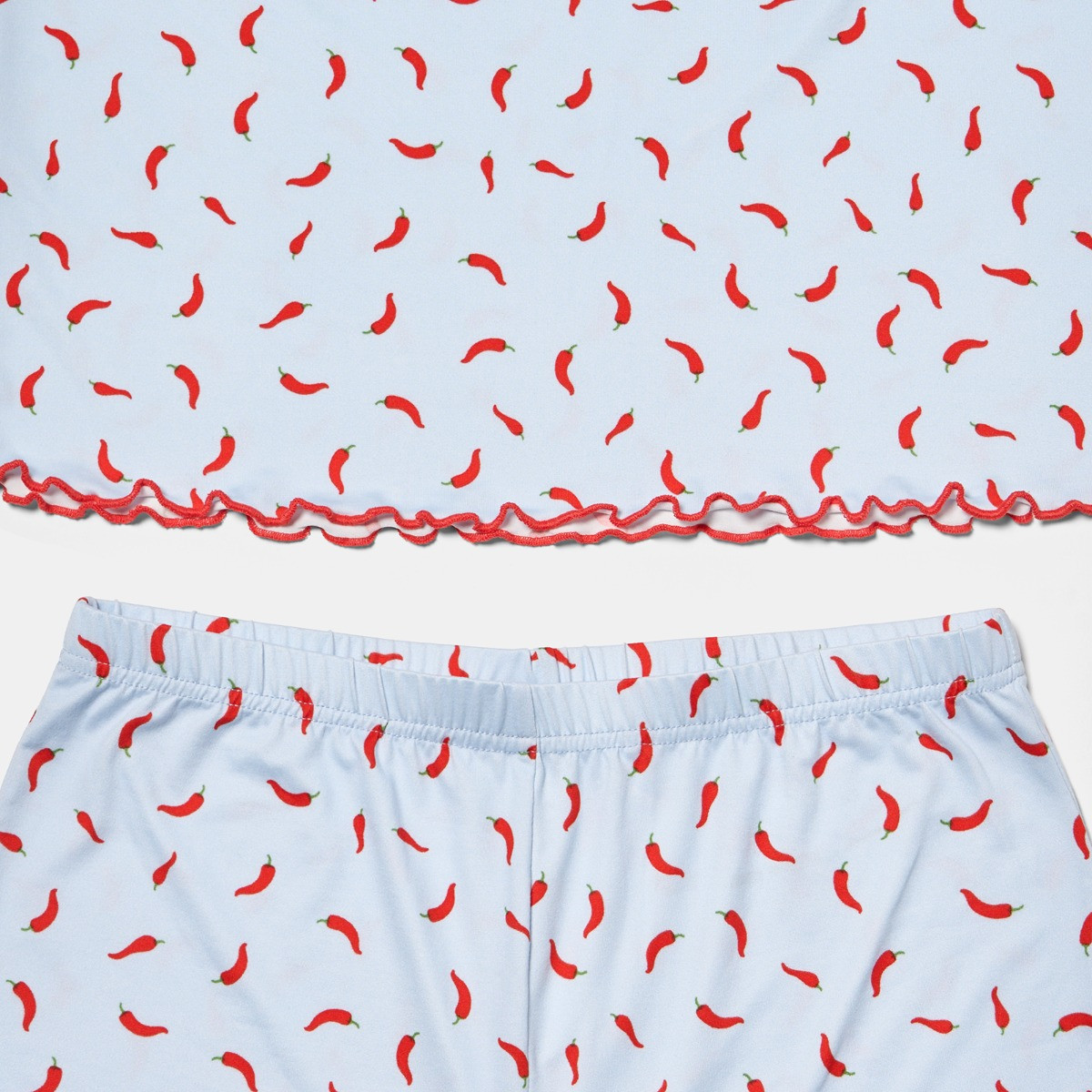 OHS Chilli Print Lettuce Edge Pyjama Set, Baby Blue - Small/Medium>