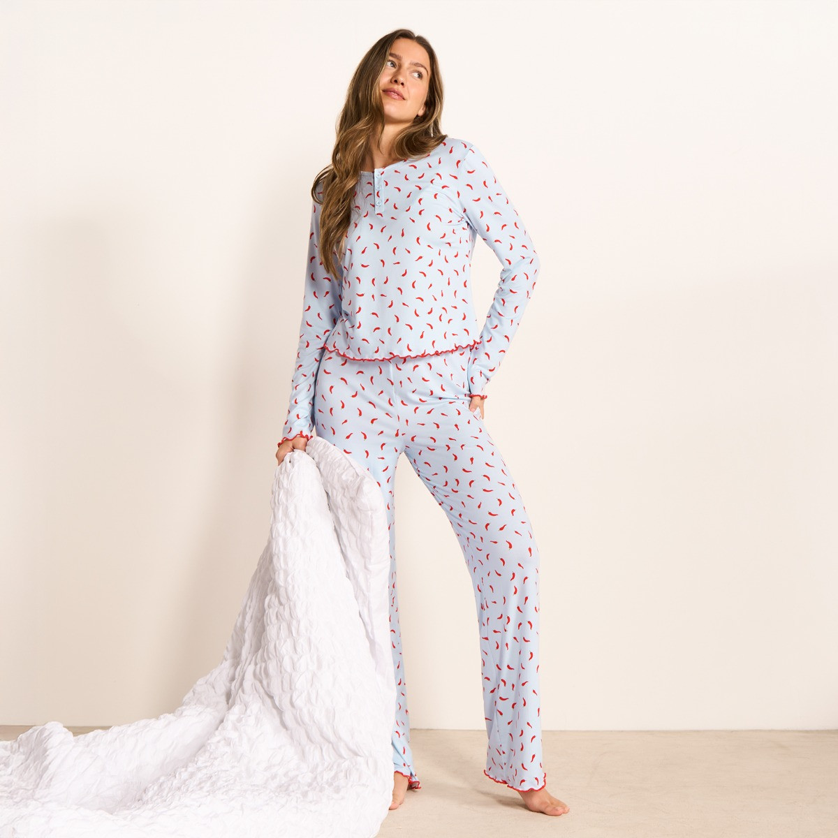 OHS Chilli Print Lettuce Edge Pyjama Set - Baby Blue>