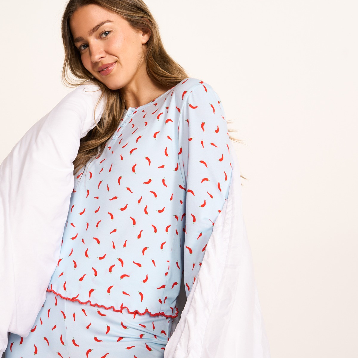 OHS Chilli Print Lettuce Edge Pyjama Set, Baby Blue - Large/Extra Large>