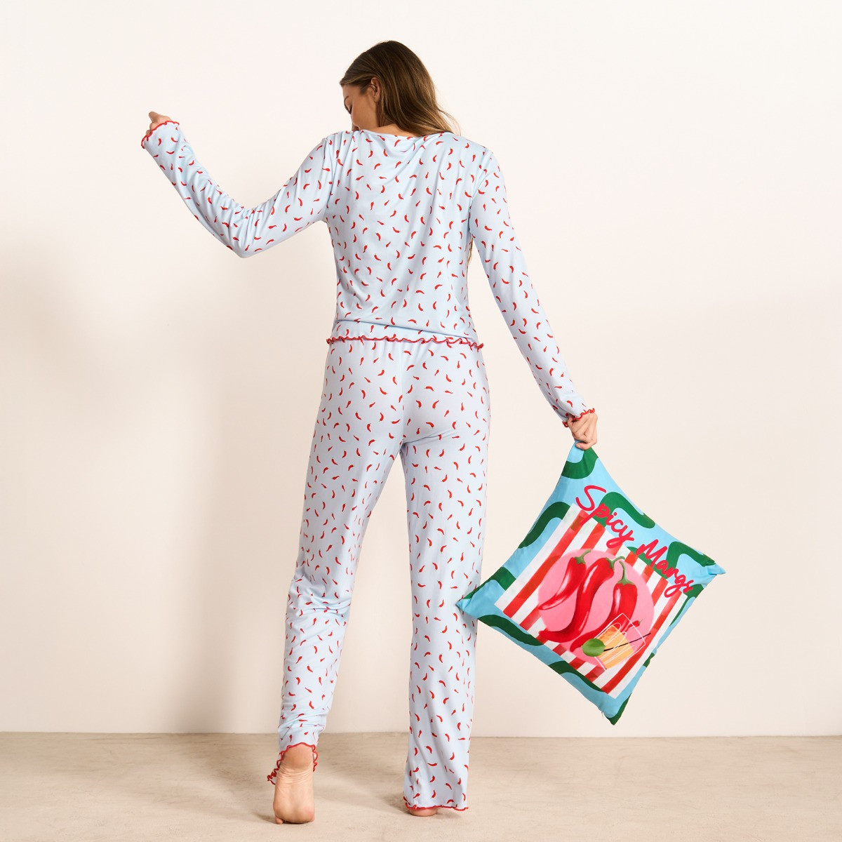 OHS Chilli Print Lettuce Edge Pyjama Set, Baby Blue - Large/Extra Large>