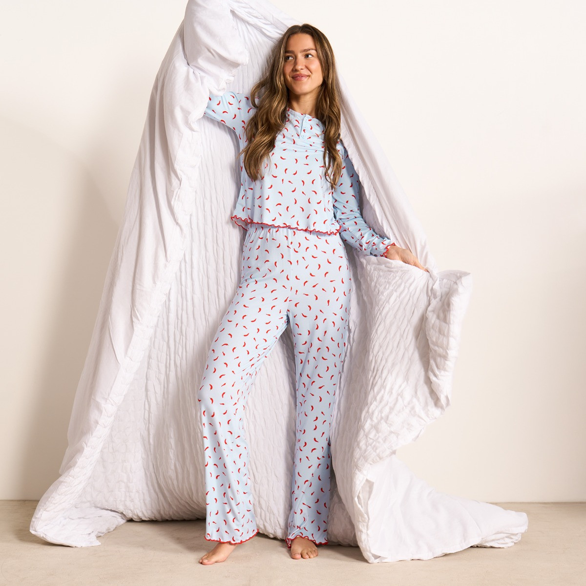 OHS Chilli Print Lettuce Edge Pyjama Set, Baby Blue - Large/Extra Large>