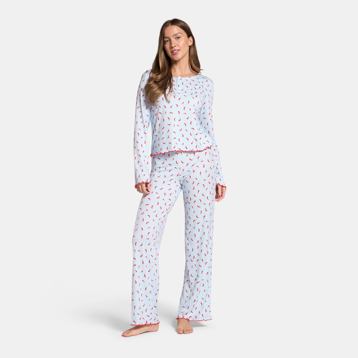 OHS Chilli Print Lettuce Edge Pyjama Set, Baby Blue - Large/Extra Large>
