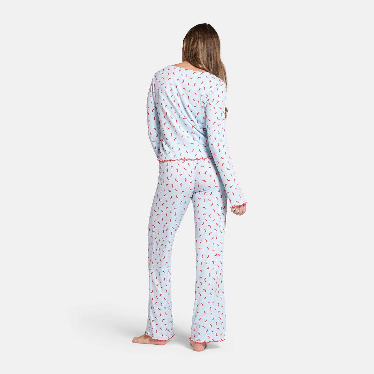 OHS Chilli Print Lettuce Edge Pyjama Set, Baby Blue - Large/Extra Large>