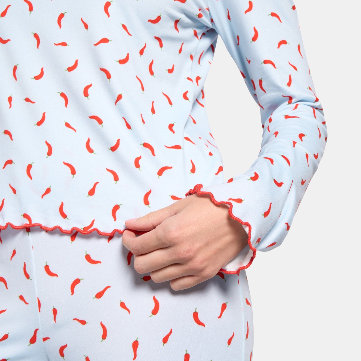 OHS Chilli Print Lettuce Edge Pyjama Set, Baby Blue - Small/Medium>