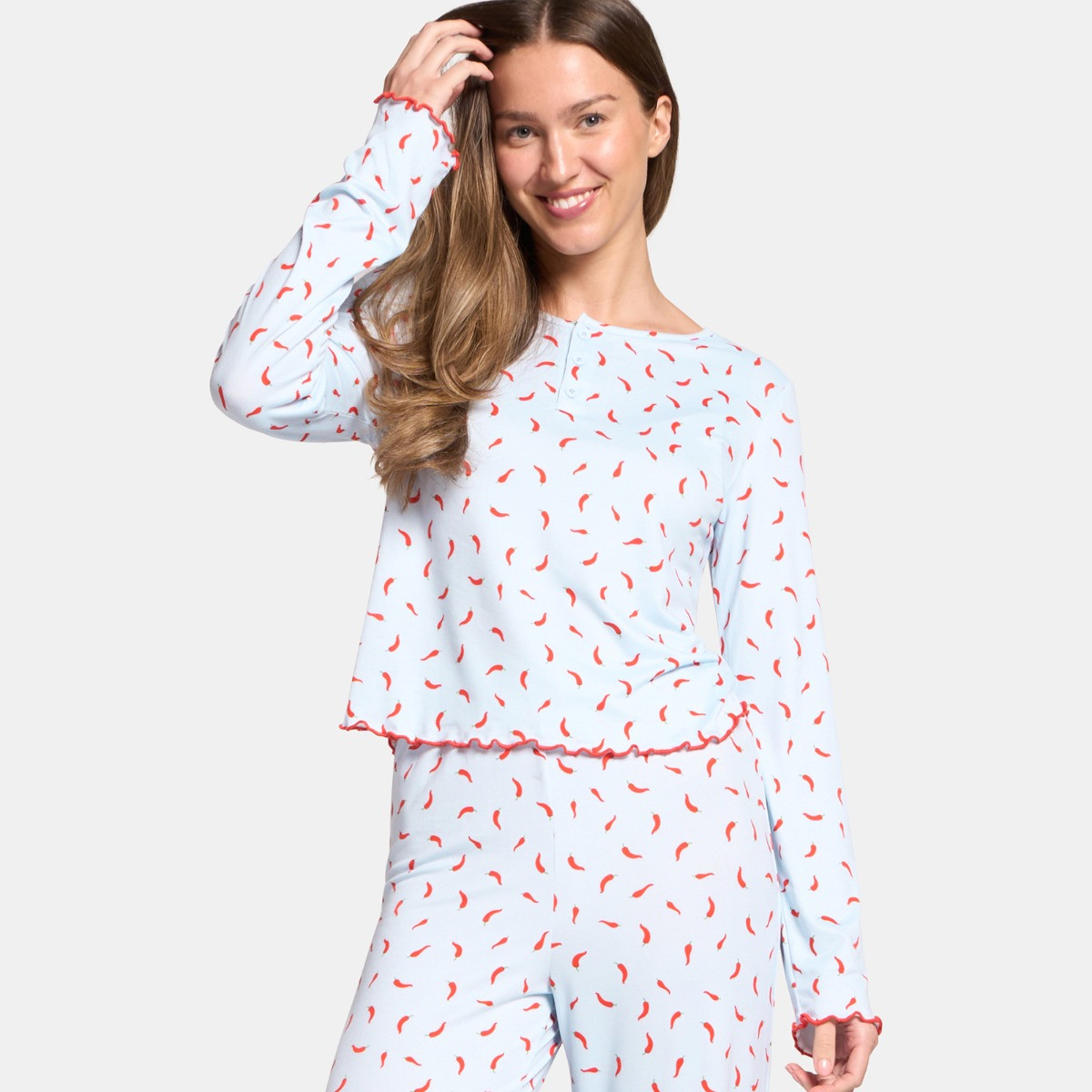 OHS Chilli Print Lettuce Edge Pyjama Set, Baby Blue - Large/Extra Large>