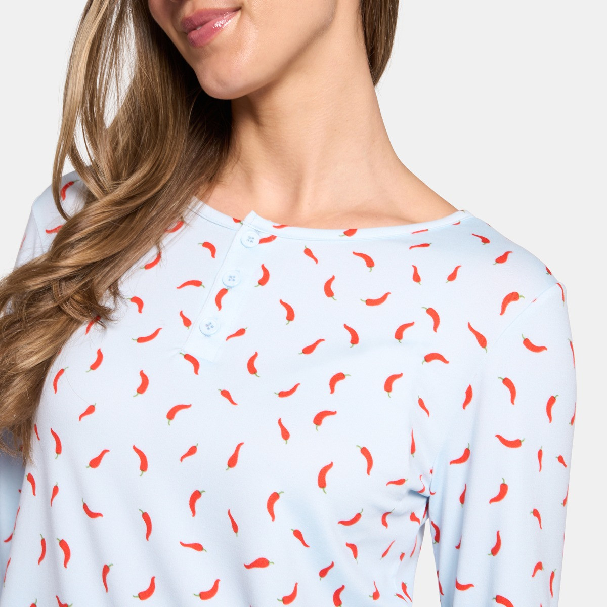 OHS Chilli Print Lettuce Edge Pyjama Set, Baby Blue - Small/Medium>