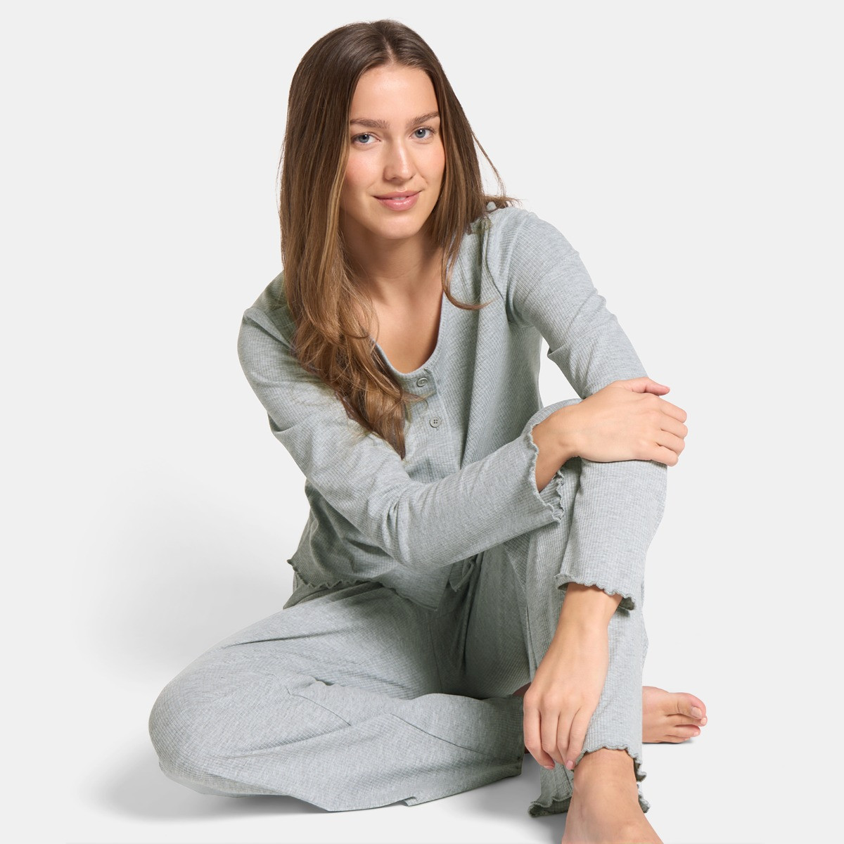 OHS Ribbed Lettuce Edge Loungewear Set, Grey - Small/Medium>