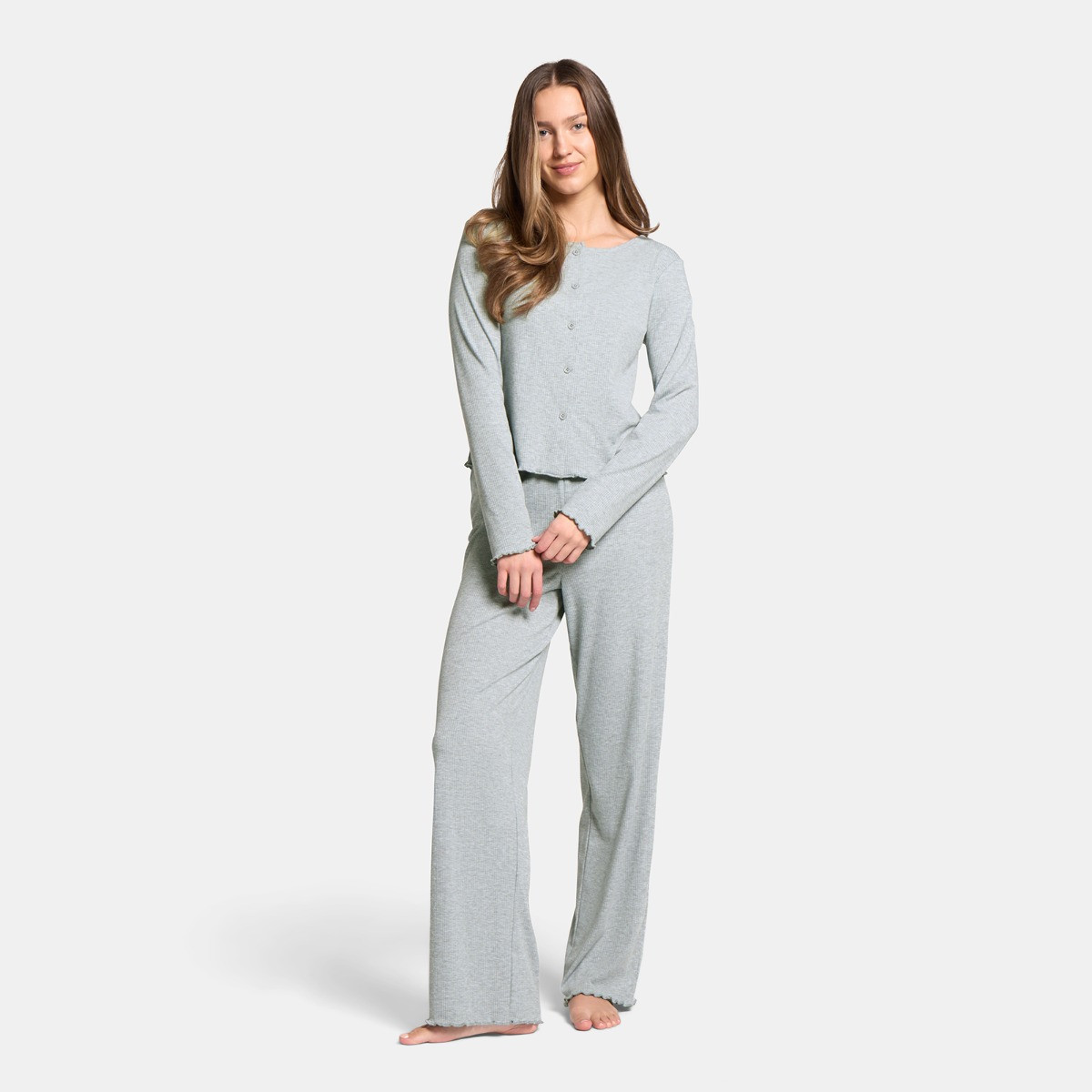 OHS Ribbed Lettuce Edge Loungewear Set, Grey - Large/Extra Large>