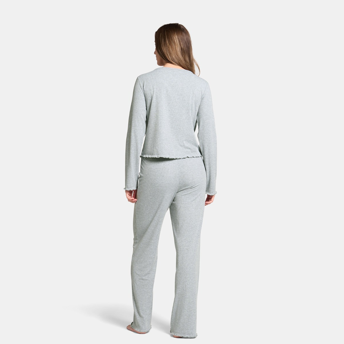 OHS Ribbed Lettuce Edge Loungewear Set, Grey - Large/Extra Large>