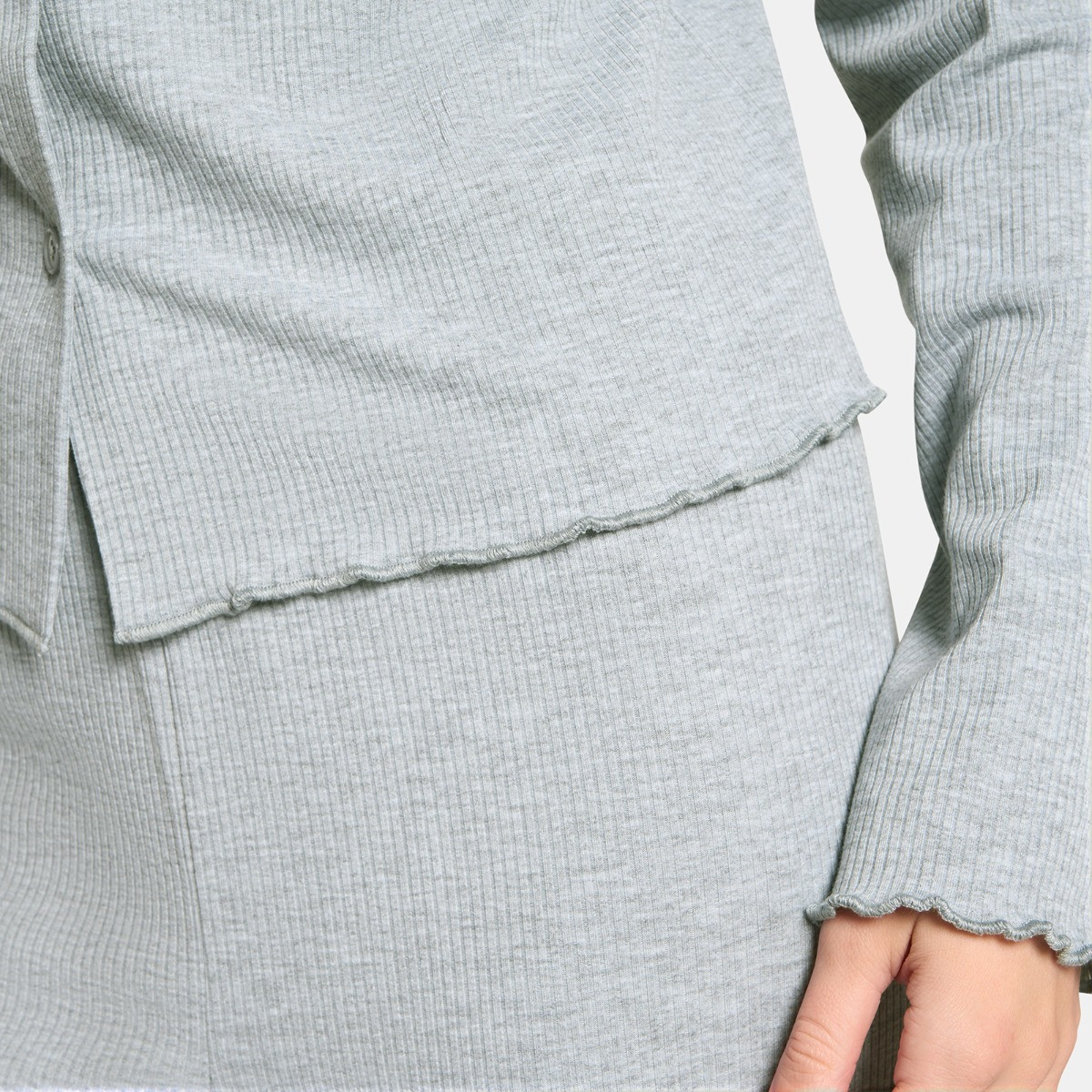 OHS Ribbed Lettuce Edge Loungewear Set - Grey>