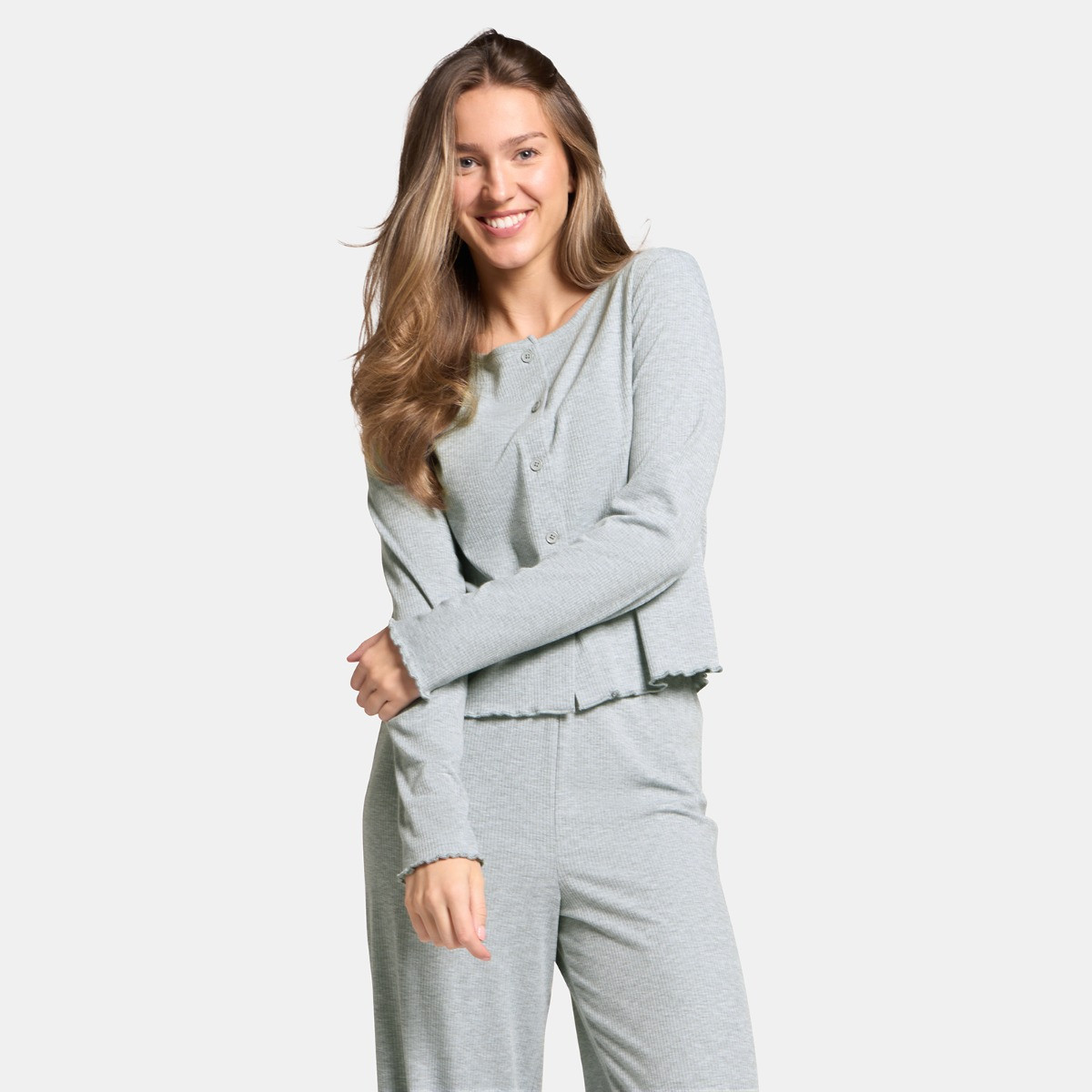 OHS Ribbed Lettuce Edge Loungewear Set - Grey>