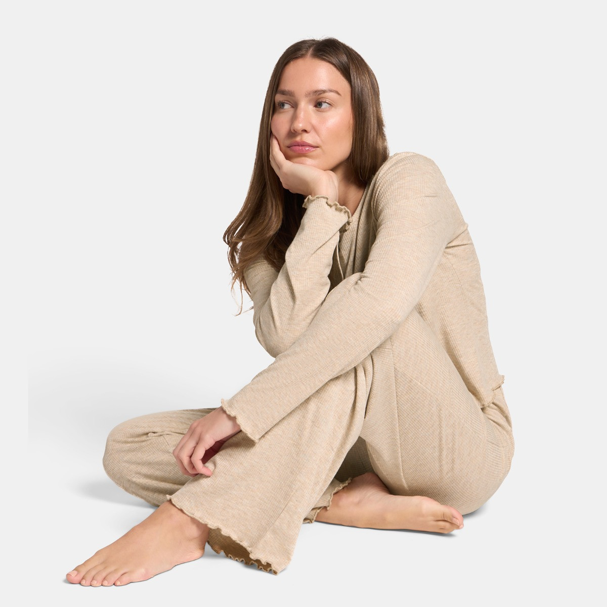 OHS Ribbed Lettuce Edge Loungewear Set, Natural - Large/Extra Large>