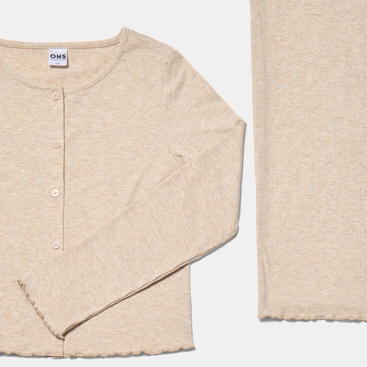 OHS Ribbed Lettuce Edge Loungewear Set, Natural - Large/Extra Large>