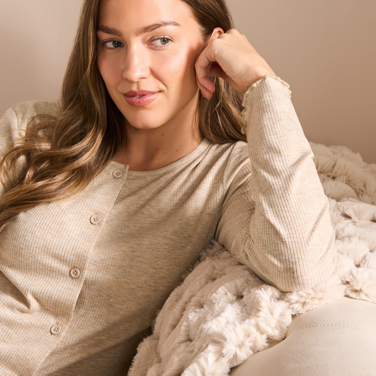 OHS Ribbed Lettuce Edge Loungewear Set, Natural - Small/Medium>