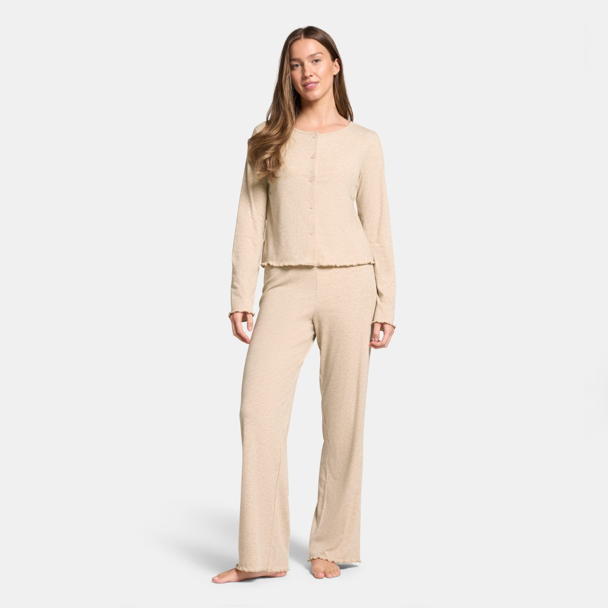 OHS Ribbed Lettuce Edge Loungewear Set, Natural - Small/Medium>