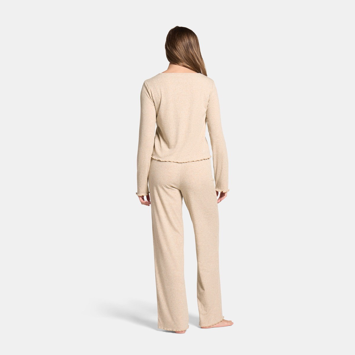 OHS Ribbed Lettuce Edge Loungewear Set, Natural - Large/Extra Large>