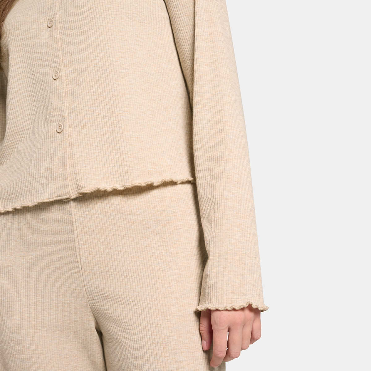 OHS Ribbed Lettuce Edge Loungewear Set, Natural - Small/Medium>