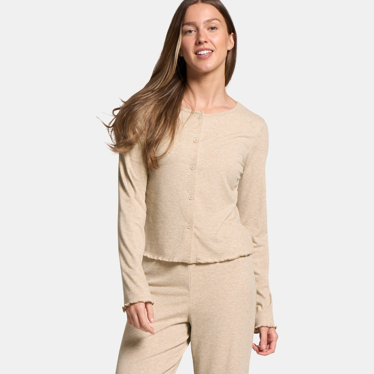 OHS Ribbed Lettuce Edge Loungewear Set - Natural>