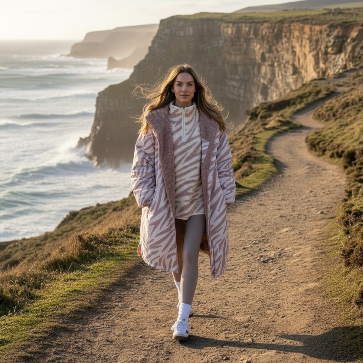 OHS Adults Water Resistant Zebra Print Sherpa Drying Robe - Beige>