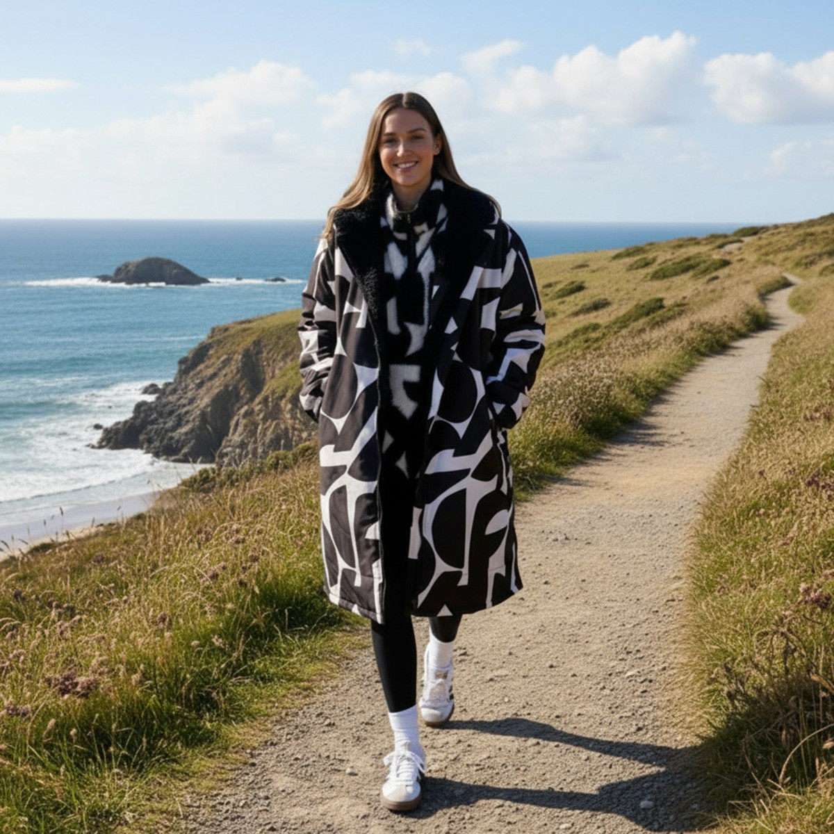 OHS Adults Water Resistant Geometric Print Sherpa Drying Robe, Monochrome - Large/Extra Large>