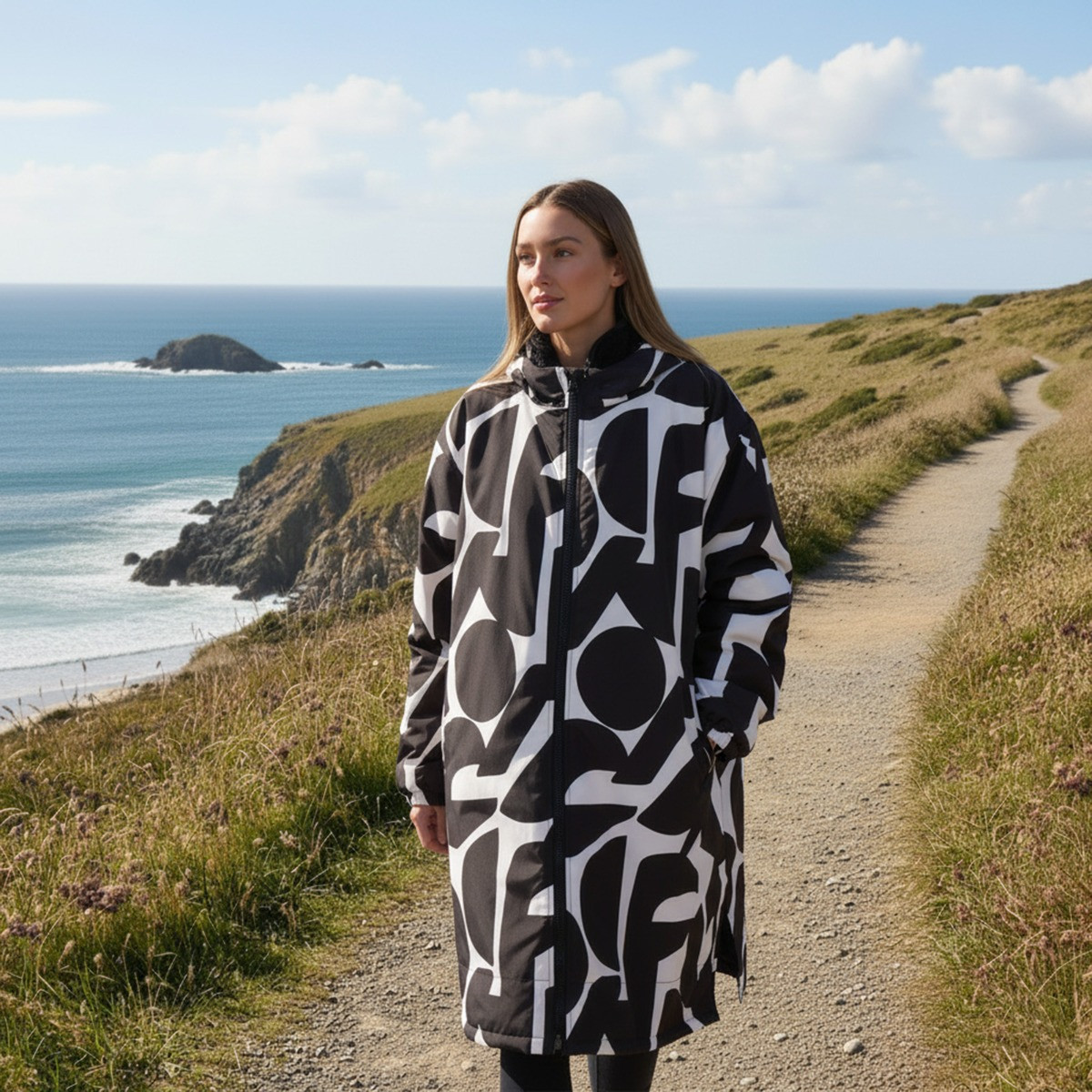 OHS Adults Water Resistant Geometric Print Sherpa Drying Robe, Monochrome - Large/Extra Large>