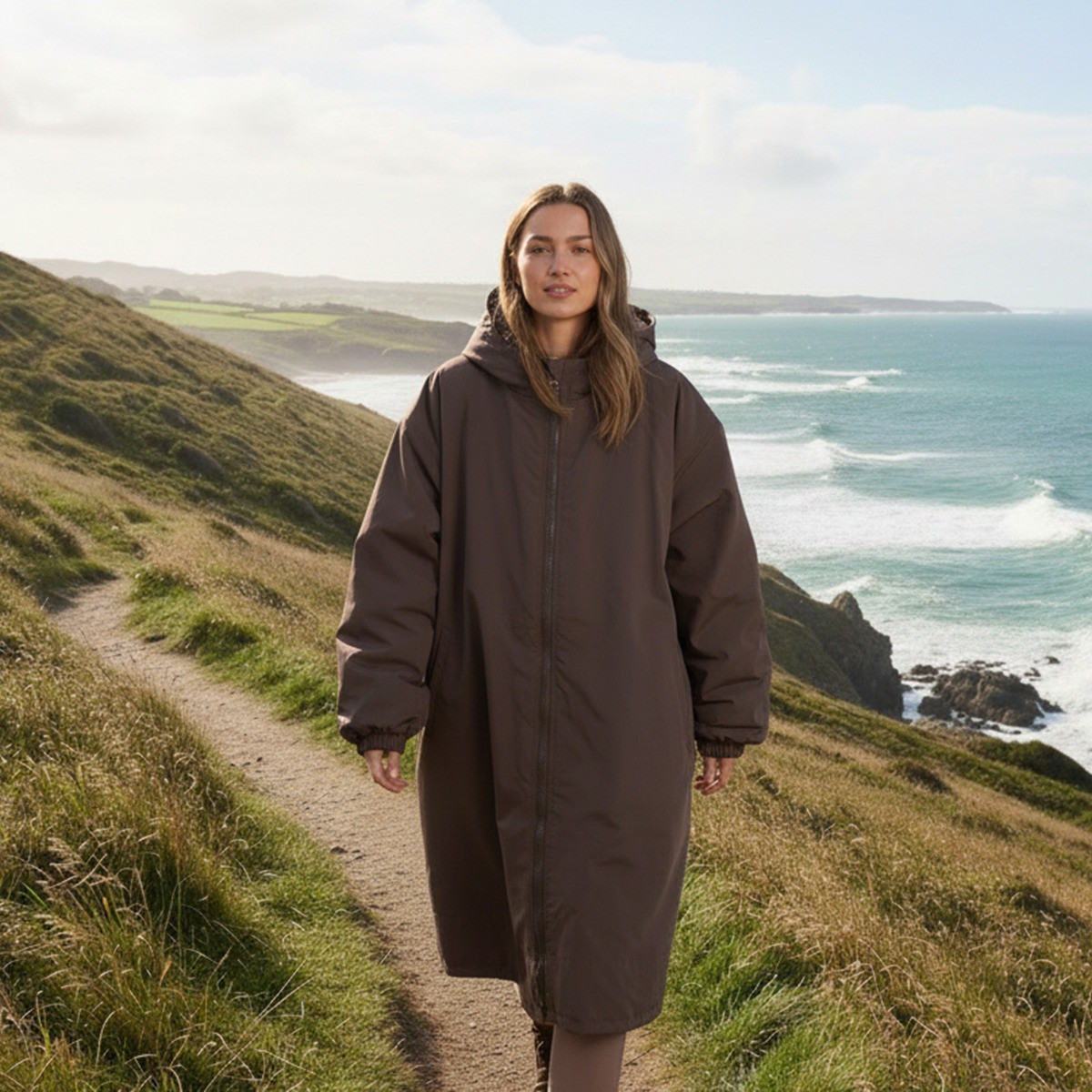 OHS Adults Water Resistant Sherpa Drying Robe, Brown - Small/Medium>