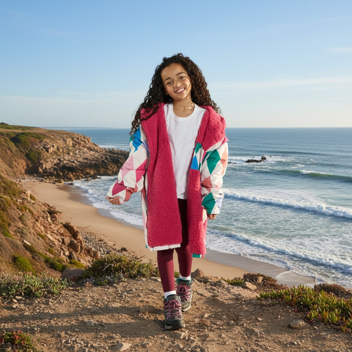 OHS Kids Water Resistant Harlequin Print Sherpa Drying Robe, Multi - Small/Medium>